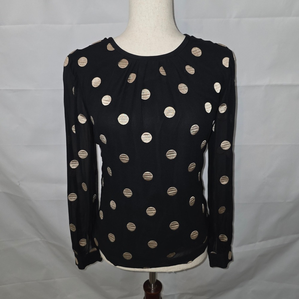 Kate Spade New York Black Gold Metallic Polka Dot Blouse Sheer Sleeve Size 0‎